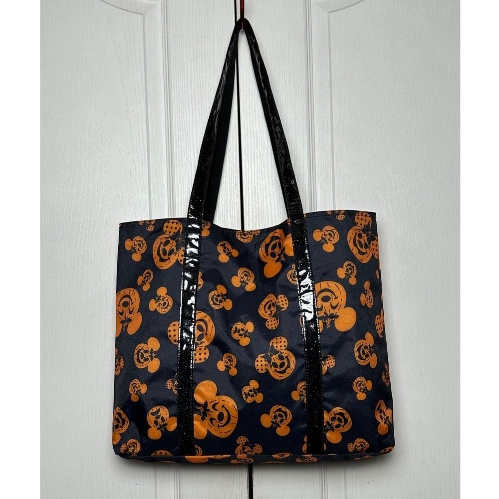 Disney Parks Mickey Minnie Mouse Halloween Pumpkin Tote Bag Black Orange Glitter